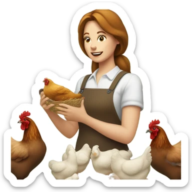 white lady with brown hair feeding chickens sticker