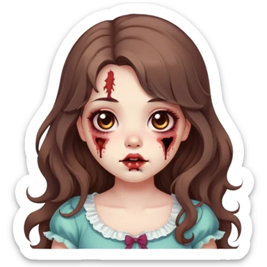 Zombie girl, long wavy brown hair, big doe brown eyes, cute chubby cheeks and lips, coquette / kawaii style sticker