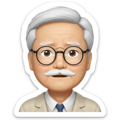 _cinematic-realistic-portrait-of-hayao-miyazaki,-depicted-with--large-rectangular-glasses,-his-happy-expression-rendered-in-lifelike-detail,-illuminated-with-soft,-realistic-lighting-that-emphasizes-his-creative-genius, his eyes shut  and big bushy black eyebrows sticker