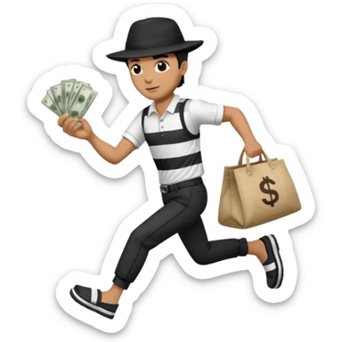 Make a man wear a black pant and he shirt is balck line and white line and wear a black hat and he holding a money bag and he running he wear a black eye thing no money in the Left hand and he yellow and the money bag in the right he wear a flip flop like this is Money bag 💰 NO MONEY sticker