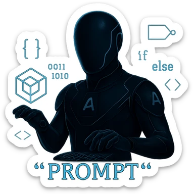 Change the AI suit to a much darker color, keeping the glowing circuits and floating cube logo, with one hand typing in mid-air, building prompts from code and logic. Keep the background transparent. The style should maintain the original look and feel of the image. sticker