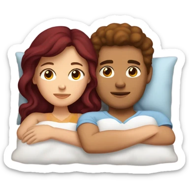 Burgundy haired girl and brunette boyfriend cuddling in bed sticker
