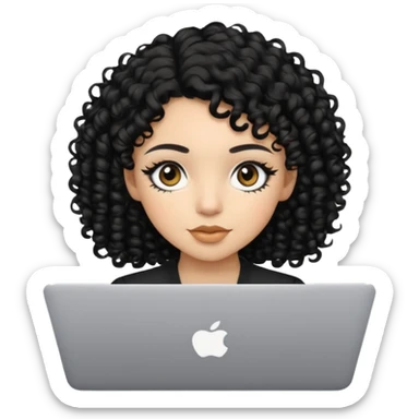 a girl using the mac book air with black curly hair and brown eyes with winged black eyeliner sticker