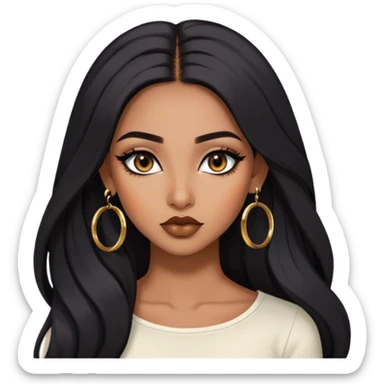 indian girl, brown skin, long black voluminous hair, brown underneath colored hair, baddie,pretty, makeup, lipliner, black eyeliner, gold hoop earrings, white top sticker