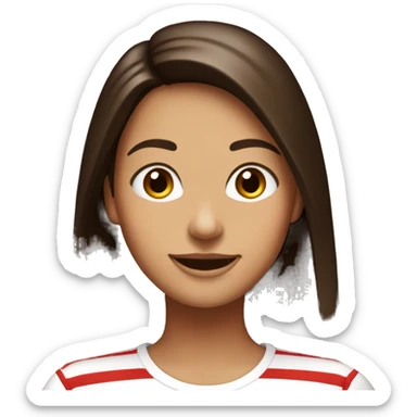 Portrait of an adult girl, tanned skin, dark chocolate long straight hair, dark eyes, smiling, wearing a white long sleeve with red horizontal narrow stripes. sticker