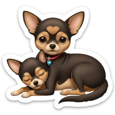 A high-resolution photo-realistic digital illustration of a  black with a bit of tan chihuahua with eyes closed shut sleeping lazily on the ground sticker