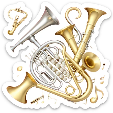 Create a festive and elegant emoji collage featuring a bouquet or fan of bells of wind instrument  (trumpets, saxophones, trombones, tubes, etc.) arranged in a radiant, symmetrical pattern. The instruments should have polished, golden and silver finishes, with their large, shiny bells forming a beautiful, fan-like display. Include a flowing ribbon of musical notes swirling through the center, conveying movement and melody. The background should feature a deep red velvet texture, adding a touch of luxury and sophistication. The overall composition should be balanced, with an elegant and regal feel, with a transparent background to keep focus on the instruments and musical elements. sticker