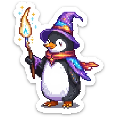 Penguin wizard casting a magic spell, with magical sparkles sticker