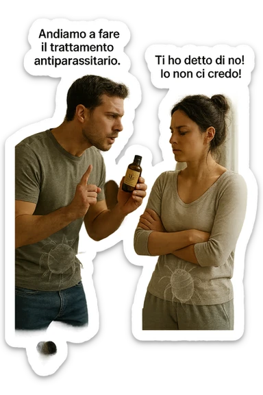 A highly realistic, cinematic photo of a young couple in their early 30s having an argument in a bright modern kitchen. The man, athletic build, wearing a casual T-shirt and jeans, is speaking firmly with a raised hand holding a small amber glass bottle labeled with a subtle herbal symbol, saying 'Andiamo a fare il trattamento antiparassitario' with a determined expression. The woman, with long dark hair tied in a messy bun, casual home outfit, crosses her arms with an angry, defensive expression, replying 'Ti ho detto di no! Io non ci credo!' while slightly turning away. Tension is visible in their body language, with the man leaning forward trying to explain and the woman leaning back, her eyebrows furrowed. Around them, subtle ghostly overlays of microscopic parasites are faintly visible near their abdominal areas, symbolizing the hidden reason for the argument. The kitchen is bright and modern with plants and natural light, contrasting the emotional tension. The style is hyperrealistic with warm tones and shallow depth of field focusing on their facial expressions, illustrating the conflict between belief in natural treatments and skepticism within the couple regarding hidden parasitic infections. in italiano sticker