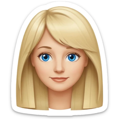 40 yr old white woman, curtain bangs, long straight blond hair, oval face, small smile, blue eyes sticker