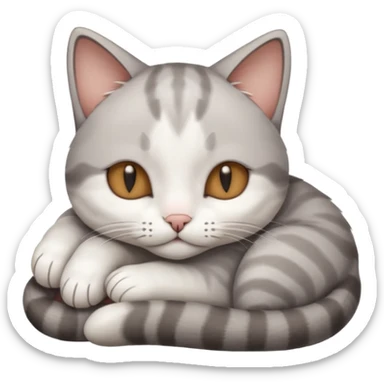 grey and white small cat with its eyes closed lying down with its head resting own paw sticker