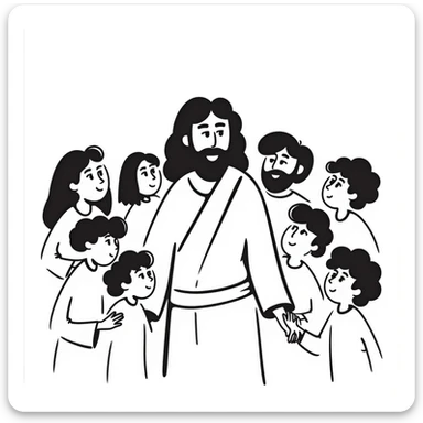 Jesus surrounded by his disciples and followers, peaceful gathering sticker