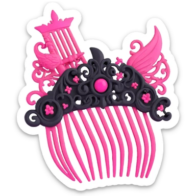realistic 3D gothic hair comb with pink accent, minimal and dark sticker