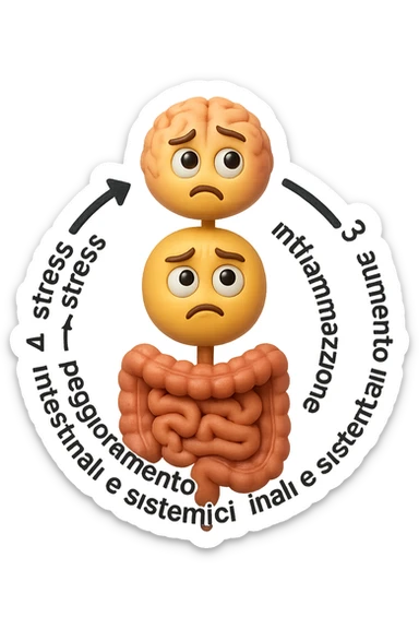 EMOJI STILE IPHONE 3D DI un cerchio con queste scritte che girano intorno in ordine per come li ho scritti "1. stress → 2. peggioramento intestinale → 3. aumento infiammazione → 4. peggioramento sintomi intestinali e sistemici." al centro del cerchio metti un cervello e intestino umani collegati verticalmente con espressione dubbiosa in volto, FALLO MOLTO REALISTICO IN 3D sticker