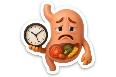 EMOJI STILE IPHONE 3D DI UNo stomaco umano con espressione dolornate, ha del cibo visibile dentro che non sta digerendo. in mano tiene un orologio da muro, iperrealistico 4k sticker