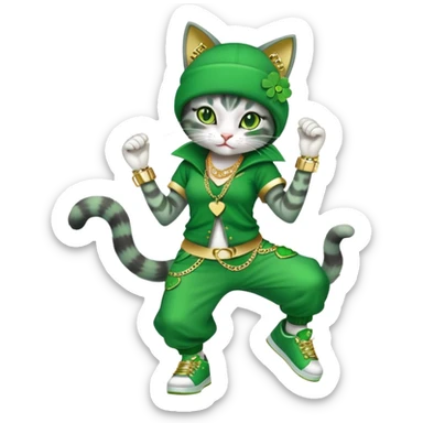 female cat dressed in hip-hop Run DMC style with green outfit, shamrock accessories, gold chains, bling, St. Patrick's Day, break dancing sticker