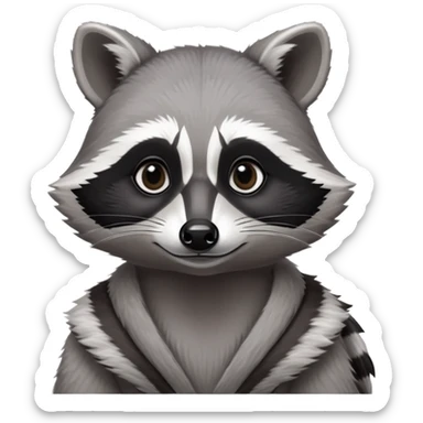 Cinematic-Noble-Raccoon-Portrait-Emoji – Poised and confident, with a sturdy build and a beautifully textured fur of silver-grey accented by dark black facial markings, deep-set, large big black eyes revealing no white, simplified yet sharp and sophisticated zoom out to show shoulders sticker