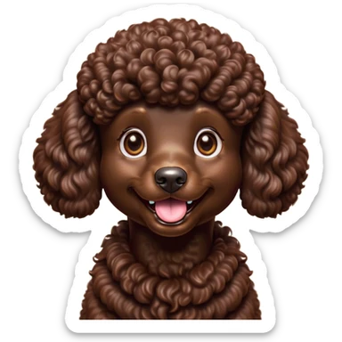 Cinematic Comical Chocolate Poodle Portrait Emoji, Head tilted dramatically with an exaggeratedly amused expression, featuring a glossy, curly chocolate Fur with a bouncy texture, wide, expressive brown eyes filled with playful disbelief, Simplified yet hilariously expressive features, highly detailed, glowing with a slightly sassy glow, high shine, dramatic yet playful, stylized with an air of cheeky mischief, bright and endearing, soft glowing outline, capturing the essence of a spirited and over-the-top companion, so meme-worthy it feels like it could side-eye its way into internet fame instantly! sticker