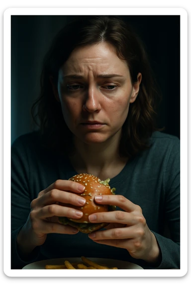 realistic and cinematic image of a woman with symptoms of nervous hunger related to menstrual cycle, gaze directed towards food, realistic details, clinical dramatic lighting, no text, vertical 2:3 format sticker