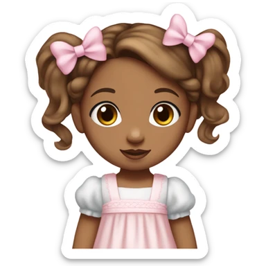 Little  babygirl with light brown skin, blue eyes. Light brunette wavy hair in two ponytails, with light pink bows.  She is wearing a light pink and White dress, holding a teddybear with a pink bow. sticker