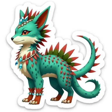 Kawaii cute greenish reddish colorful warm-colored exotic tropical beautiful pretty elegant divine edgy feline-vernid-sergal-Fakémon-Pokémon-fursona-animal-creature with accessories, jewelries, full body, with intricate detailed markings, spikes, crystals, fins, scales, spiny, feathered, headdress sticker