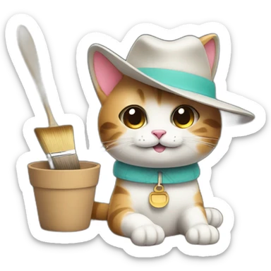 Kawaii cat artist in hat holding palette and brush so it can be used as a mouse cursor sticker