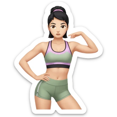 Athletic woman mid upper-body stretch, lean toned physique, defined legs and core, wearing a pastel sports bra and high-waisted patterned workout shorts, black hair and olive skin, focused expression, natural lighting sticker