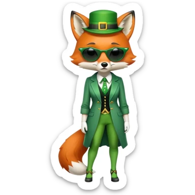 serious anthropomorphised female fox in stylish St. Patrick's Day outfit with sunglasses, looking sad and alone, full-body view sticker