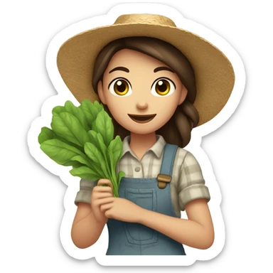 farmer girl, light blue eyes, dark brown hair, with a straw hat, ponytail, holding greens in hand sticker
