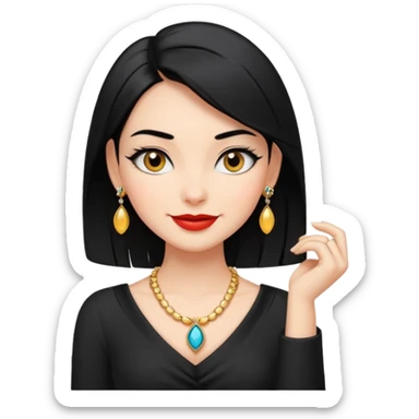 A confident, stylish female cartoon character with black hair, sly smile, flirtatious eyes, elegant pose, jewelry hints, minimalist, high-contrast colors, designed as a small, bold emoji icon. sticker