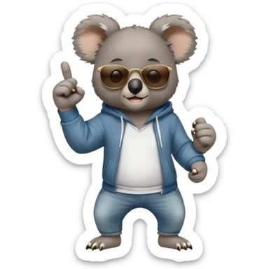 anthropomorphised koala, full body, wearing a hoodie and jeans, dark sunglasses, shaking fist in a different pose sticker