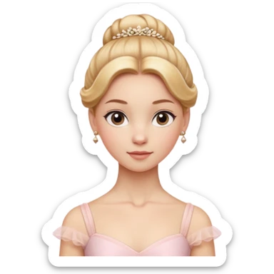 Cinematic Realistic Ballerina Portrait, depicted with lifelike skin texture, subtle rosy undertones, and soft natural lighting that enhances the gentle contours of her face. Her intricately detailed golden blonde hair is elegantly styled in an updo, sticker