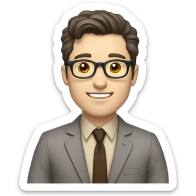 Pale skinned fit man with dark brown hair in gray jacket, beige office shirt, brown tie, brown pants and vintage glasses Writing on the tablet sticker