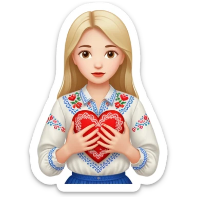 beautiful young girl in a white Ukrainian embroidered shirt clutching a large embroidered heart sticker