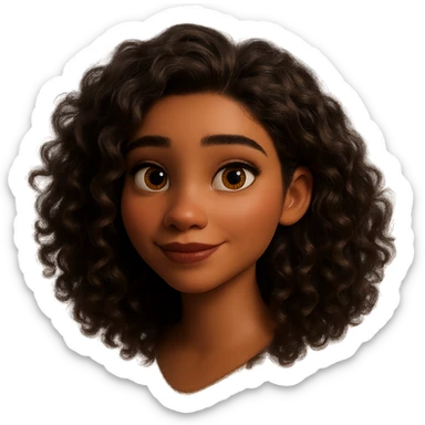 Redraw this character in a 3D Disney Pixar animation style with realistic lighting, soft textures, and expressive features. Keep the curly brown hair, brown eyes, and natural makeup. Make it look like a Disney Pixar character with a transparent background. sticker