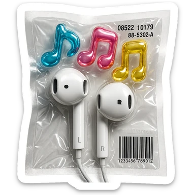 pair of white EarPods with three floating glass music notes in blue, pink, and yellow, shiny and puffy sticker