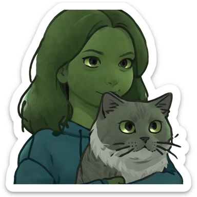 Brunette girl with dark blue sweatshirt holding a fluffy grey Siberian cat sticker
