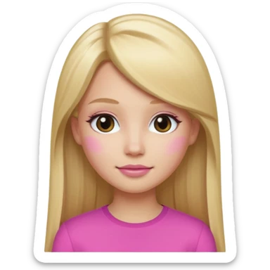 a blonde girl with long straight hair, pretty face, light day makeup wearing pink memoji sticker