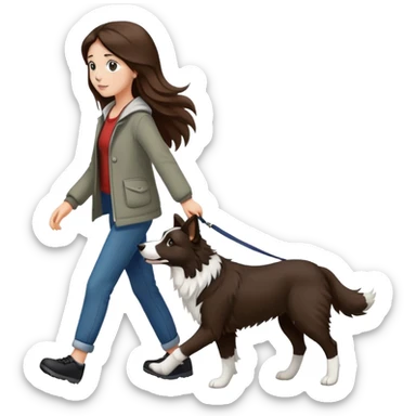 A beautiful girl with long brown hair walks a black and white Border Collie sticker
