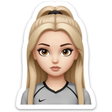 pretty bratz girl, long dark blonde hair, brown eyes, black eyeliner, pale skin, athletic clothes sticker