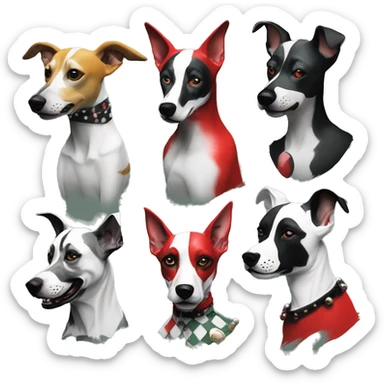 Punk dog Green gray black red punk dog joker as a dog Harley Quinn as a dog mime clown harlequin facepaint tattoos punk lurcher surrealism  sticker