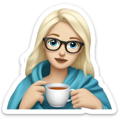 Pale blonde girl with blue eyes wearing glasses and pale man with short black hair and beard drinking tea under a blanket sticker