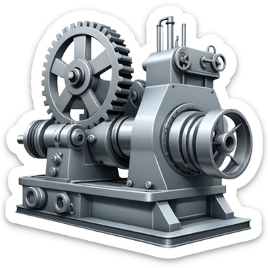 An icon featuring a giant machine tool in a factory, manufacturing machines. The design includes gears, mechanical parts, and a production line, representing the art of mechanical engineering and industrial design. Transparent background highlights precision engineering and manufacturing processes. sticker