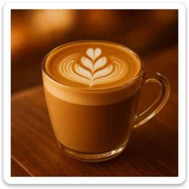 Add a tulip foam art style to the coffee latte in the glass mug, keep the warm and inviting atmosphere. Maintain the cozy and warm look of the original image. sticker