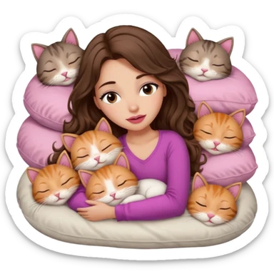 girl with long wavy brown hair, brown eyes, long lashes makeup, sexy pink lips, light to medium complexion,  sleeping on a cozy pillow, with 6 cats, sleeping sticker