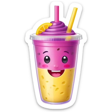 Cute Kawaii Smoothie Cup, filled with blended fruity goodness, a smiling face with excited eyes, bright colorful layers of pink, yellow, and purple, topped with a straw and tiny fruit slices! sticker