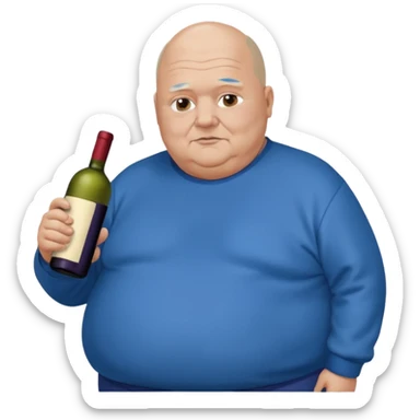 Morbidly obese older man dark hair starting to bald with blue sweatshirt holding bottle of wine sticker