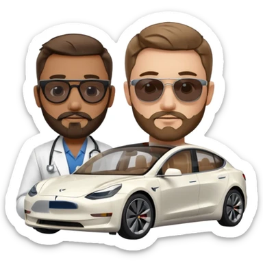 White tesla model 3 with a cool physician with dark blond hair, beard and dark sunglasses next to it sticker