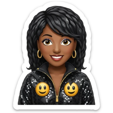 Missy Elliott with black hair, black sequin jumpsuit sticker