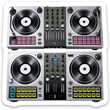Create a professional and technical emoji that represents remixing music. The design should feature a high-end DJ controller, turntables with vinyl records, and a sound mixing console with faders to symbolize the technical aspects of remixing. Include elements like studio headphones and a laptop or digital audio workstation (DAW) screen to reflect the tools used in music production. Use colors like black, silver, and neon accents to convey the professional, high-tech nature of remixing. The background should be transparent. sticker
